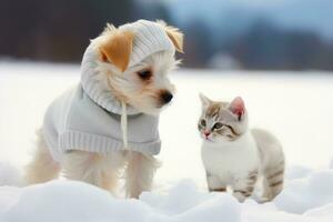 ai generato cucciolo e gattino amici nel freddo tempo metereologico seduta su neve nel nevoso foresta. un' cane e un' gatto vestito nel caldo Abiti giocare nel il inverno stagione. foto