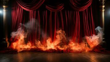 Teatro palcoscenico con rosso velluto le tende su fuoco. generativo ai. foto