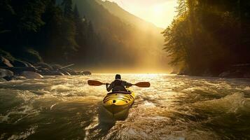 kayaker paddling turbolento whitewater rapide su un' montagna fiume. generativo ai. foto