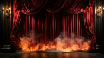 Teatro palcoscenico con rosso velluto le tende su fuoco. generativo ai. foto