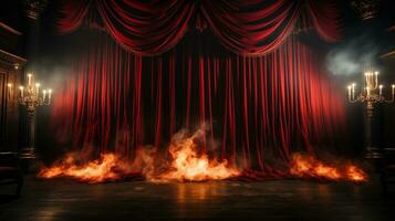 Teatro palcoscenico con rosso velluto le tende su fuoco. generativo ai. foto