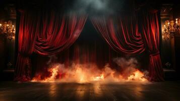 Teatro palcoscenico con rosso velluto le tende su fuoco. generativo ai. foto