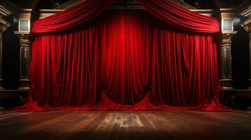 drammaticamente illuminato brillante rosso velluto Teatro le tende e di legno palcoscenico pavimento. generativo ai. foto