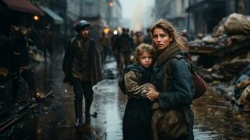 spaventato madre e giovane bambino figlia in esecuzione nel il strade di loro guerra devastato città. generativo ai. foto