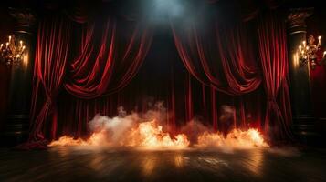 Teatro palcoscenico con rosso velluto le tende su fuoco. generativo ai. foto