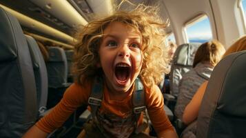 arrabbiato bambino causando caos su un aereo fastidioso tutti su tavola. generativo ai. foto