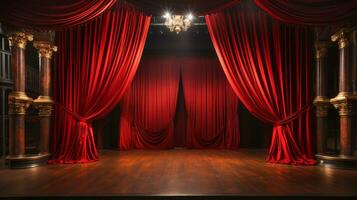 drammaticamente illuminato brillante rosso velluto Teatro le tende e di legno palcoscenico pavimento. generativo ai. foto