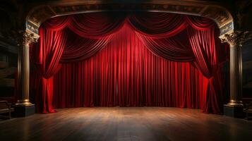 drammaticamente illuminato brillante rosso velluto Teatro le tende e di legno palcoscenico pavimento. generativo ai. foto