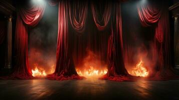 Teatro palcoscenico con rosso velluto le tende su fuoco. generativo ai. foto