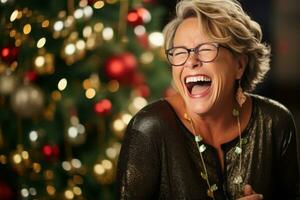 allegro Natale allegro anziano donna nel occhiali ridendo e guardare a telecamera. foto