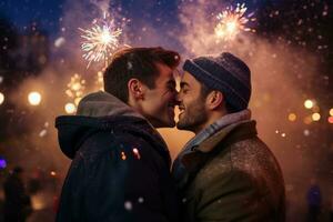 contento gay coppia baci su il sfondo di fuochi d'artificio nel il città a notte foto
