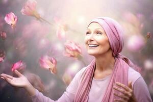 sorridente donna con rosa sciarpa su sua testa al di sopra di fioritura albero foto