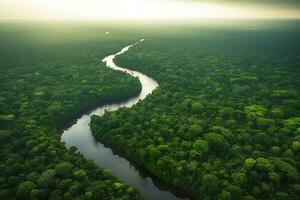 aereo Visualizza di il Amazonas giungla paesaggio con fiume piegare. generativo ai foto