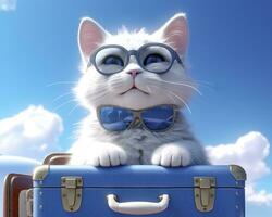 carino gatto su blu valigia con occhiali da sole. ai generativo foto