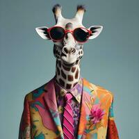 il freddo giraffa indossare completo da uomo Abiti e occhiali, moderno sfondo. concetto alla moda animali. generativo ai. foto