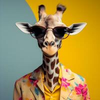 il freddo giraffa indossare completo da uomo Abiti e occhiali, moderno sfondo. concetto alla moda animali. generativo ai. foto