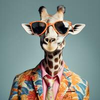 il freddo giraffa indossare completo da uomo Abiti e occhiali, moderno sfondo. concetto alla moda animali. generativo ai. foto