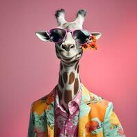 il freddo giraffa indossare completo da uomo Abiti e occhiali, moderno sfondo. concetto alla moda animali. generativo ai. foto
