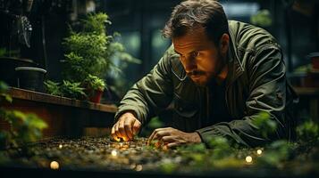 maschio botanico Lavorando nel il giardino in crescita impianti foto