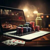 casinò in linea. il computer portatile con roulette patatine fritte e giocando carte. gioco d'azzardo su il Internet. ai generato foto