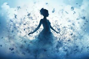 un' giovane bellissimo ballerina nel un' soffice vestito su palcoscenico nel nuvole di Fumo e faretti. generato di artificiale intelligenza foto