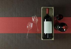 bottiglie di vino con bicchieri di vino sul pavimento foto