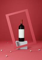 una bottiglia di vino su un piedistallo bianco con cornice rossa.