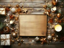 Vintage ▾ di legno piatto per scrittura saluto messaggi su nuovo anni e Natale. celebrazione legna con candela leggero cono, d'oro stella e palle decorazione. ai generato foto