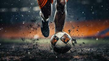 generativo ai, calcio stivale calciando un' calcio sfera, obbiettivo momento su il stadio foto