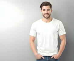 giovane uomo indossare vuoto bianca t camicia modello Stampa presentazione modello ai creare foto