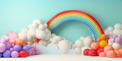 generativo ai, arcobaleno e colorato palloncini. compleanno festa 3d sfondo. modello, modello per saluto carta foto