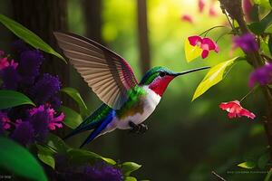 un' colorato colibrì su il foresta, ai creare foto