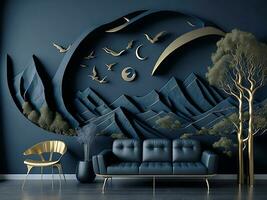 moderno interno arte 3d murale natura paesaggio sfondo con d'oro albero, Luna, e buio blu montagne, ai creare foto