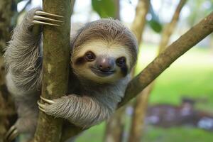 bambino bradipo nel albero nel costa rica. generativo ai foto