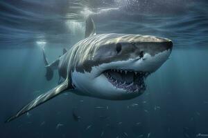 il re di il oceano, il grande bianca maschio squalo cacciatore subacqueo Visualizza, guadalupe isola, Messico. ai generativo foto