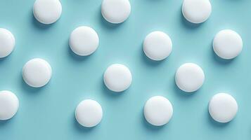 superiore Visualizza bianca medicina compresse antibiotico pillole su un' morbido blu sfondo, copia spazio, farmacia tema, ai generativo foto