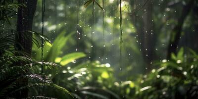 pioggia cascate nel un' foresta pluviale con il pioggia gocce. generativo ai foto