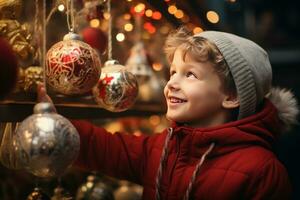 un' sorridente ragazzo bambino a un' Natale mercato guardare a Natale ornamenti ai generato foto