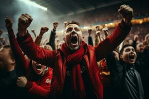 eccitato sport fan festeggiare e applauso loro squadra nel stadio. calcio fan Guardando calcio incontro. sport, umano emozioni, divertimento concetto. generativo ai. foto