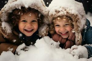 bambini giocando nel il neve su inverno giorno. bambini ridendo e avendo divertimento mentre giocando all'aperto con neve. generativo ai. foto