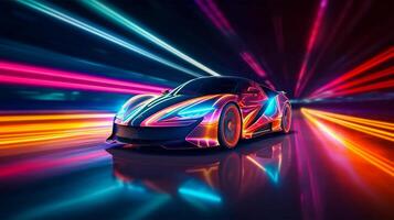 futuristico gli sport auto su neon autostrada. potente accelerazione di un' super auto con colorato luci sentieri. generativo ai. foto