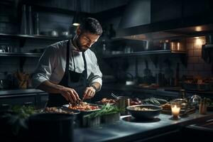 professionale capocuoco cucinando nel il cucina ristorante. buongustaio capocuoco servendo cibo su piatti nel un' commerciale cucina. generativo ai. foto