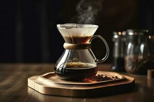 un alternativa caffè birra metodo è puro Sopra, un' bicchiere teiera su un' di legno vassoio. generativo ai foto