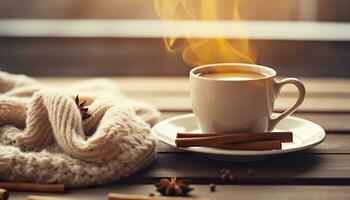 tazza di cottura a vapore tè caffè, a maglia lenzuolo, e cannella anice. generativo ai foto