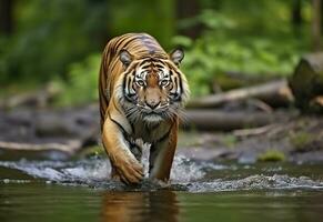 amur tigre a piedi nel il acqua. pericoloso animale. animale nel un' verde foresta flusso. generativo ai foto