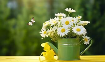 camomilla fiori mazzo nel irrigazione può e farfalla su il tavolo nel il giardino. generativo ai foto