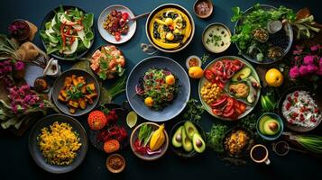 un' piatto posare di vario a base vegetale pasti, significare il vegano e salutare cibo tendenza, ai generato foto