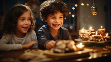 figli di hanukkah celebrazione a casa raggiante candele, bambini giocando dreidel, ai generato foto