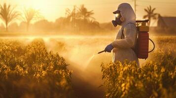 un' uomo indossare protettivo capi di abbigliamento fumigazione campo con pesticida o insetticida. generativo ai foto