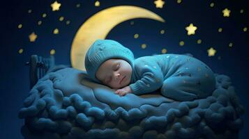 un' bambino è addormentato accogliente dormire sotto il stelle e il Luna a notte. generativo ai foto